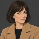 Portrait of Clare Whitmore, woman in her thirties with a dark bob and a camel coat